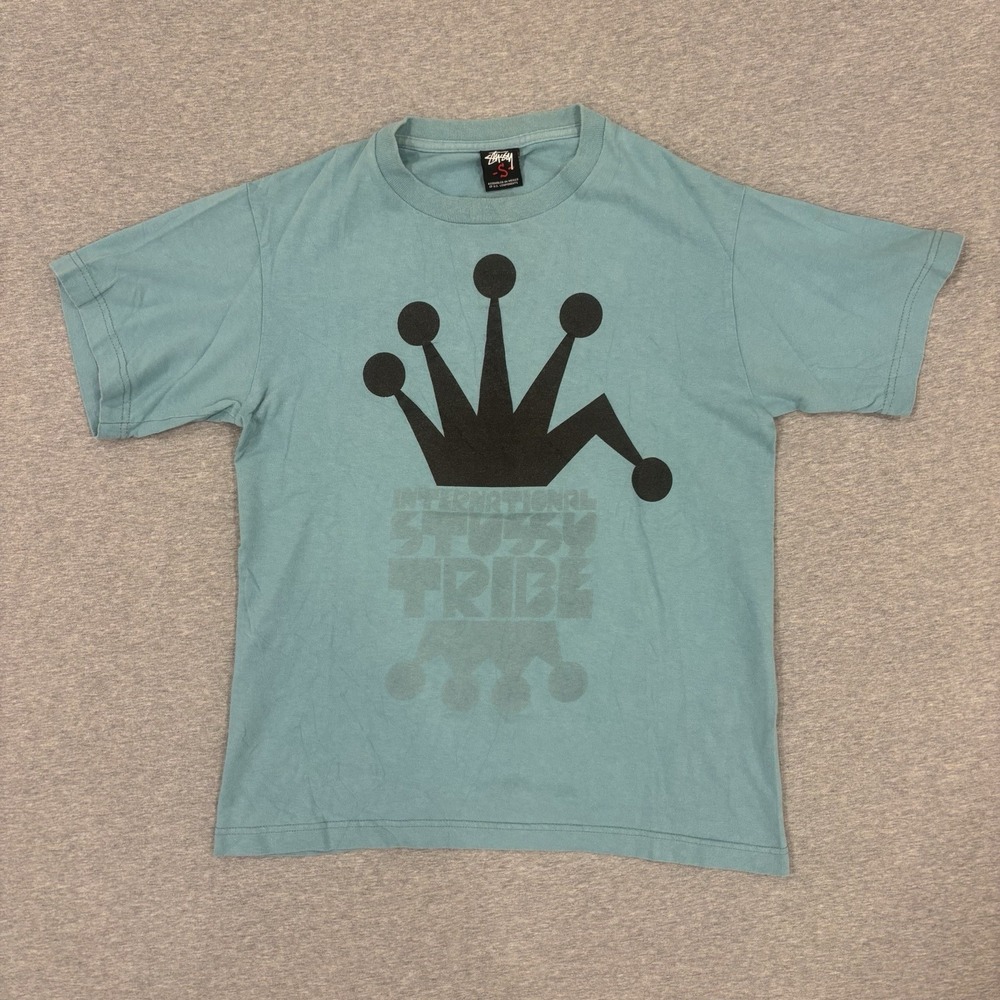 Vintage Y2K Stussy Tribe Crown T-Shirt Men's Size S (Like XS) Teal Blue Faded